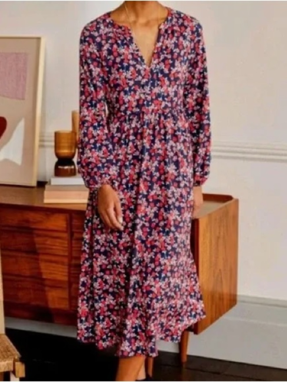 Boden Willow Floral Long-Sleeve Midi Dress in Navy and Red Size 6P